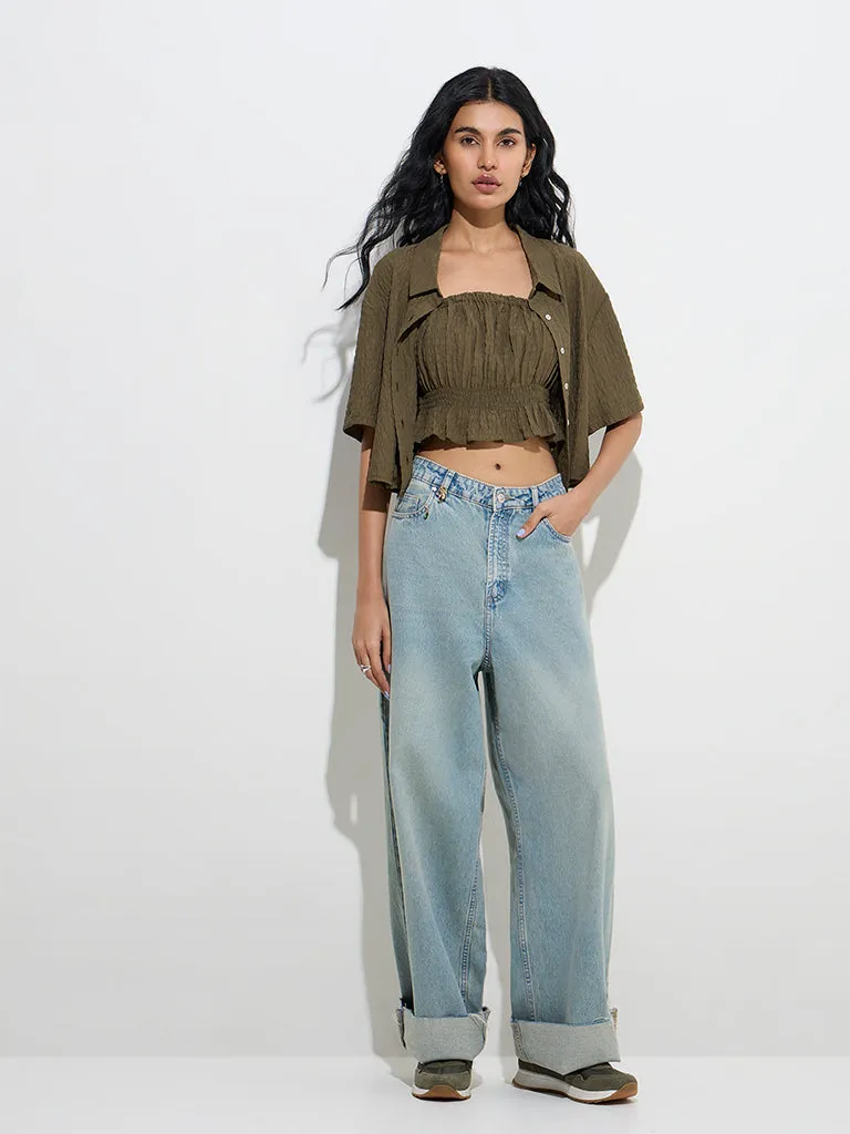 Nuon Dark Olive Smocked Cotton Top