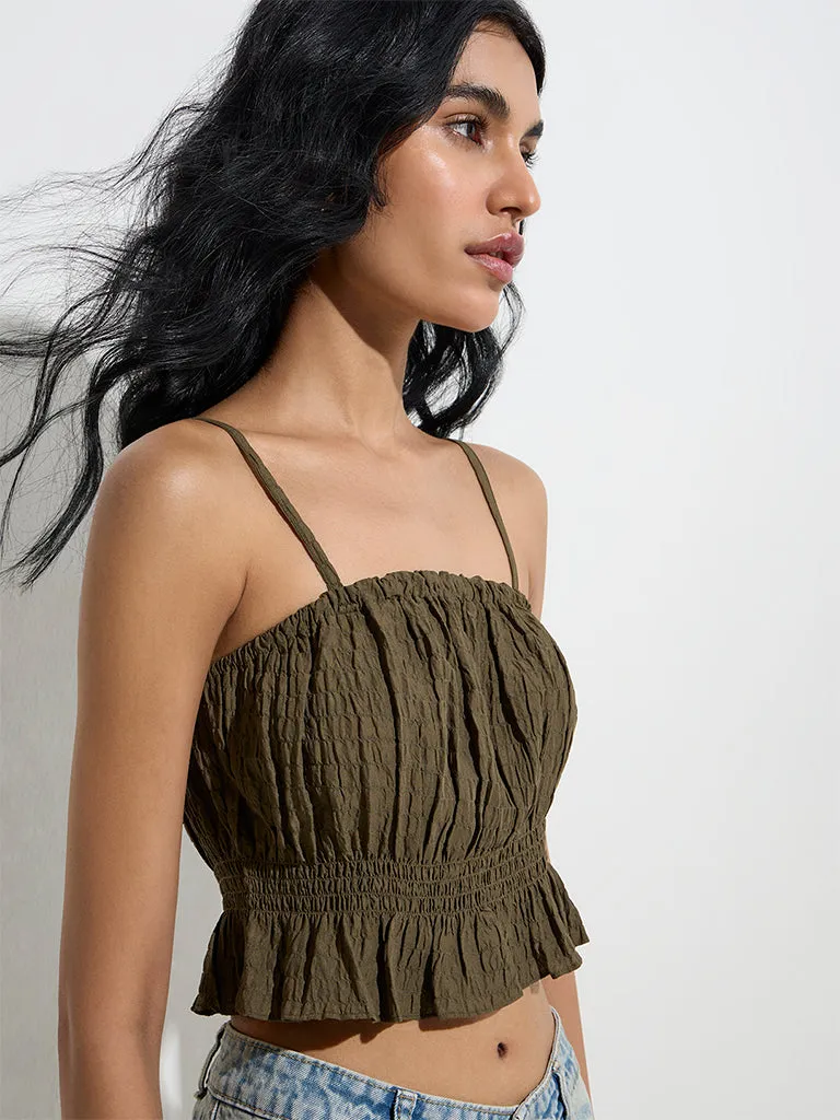 Nuon Dark Olive Smocked Cotton Top