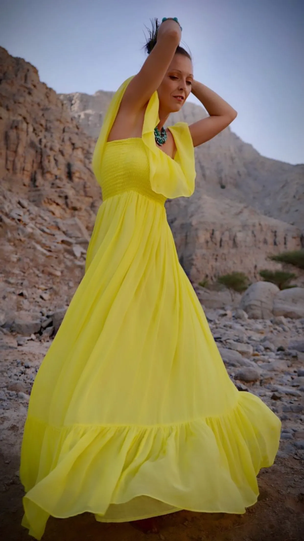 Off the shoulder Abi dress in Sunshine