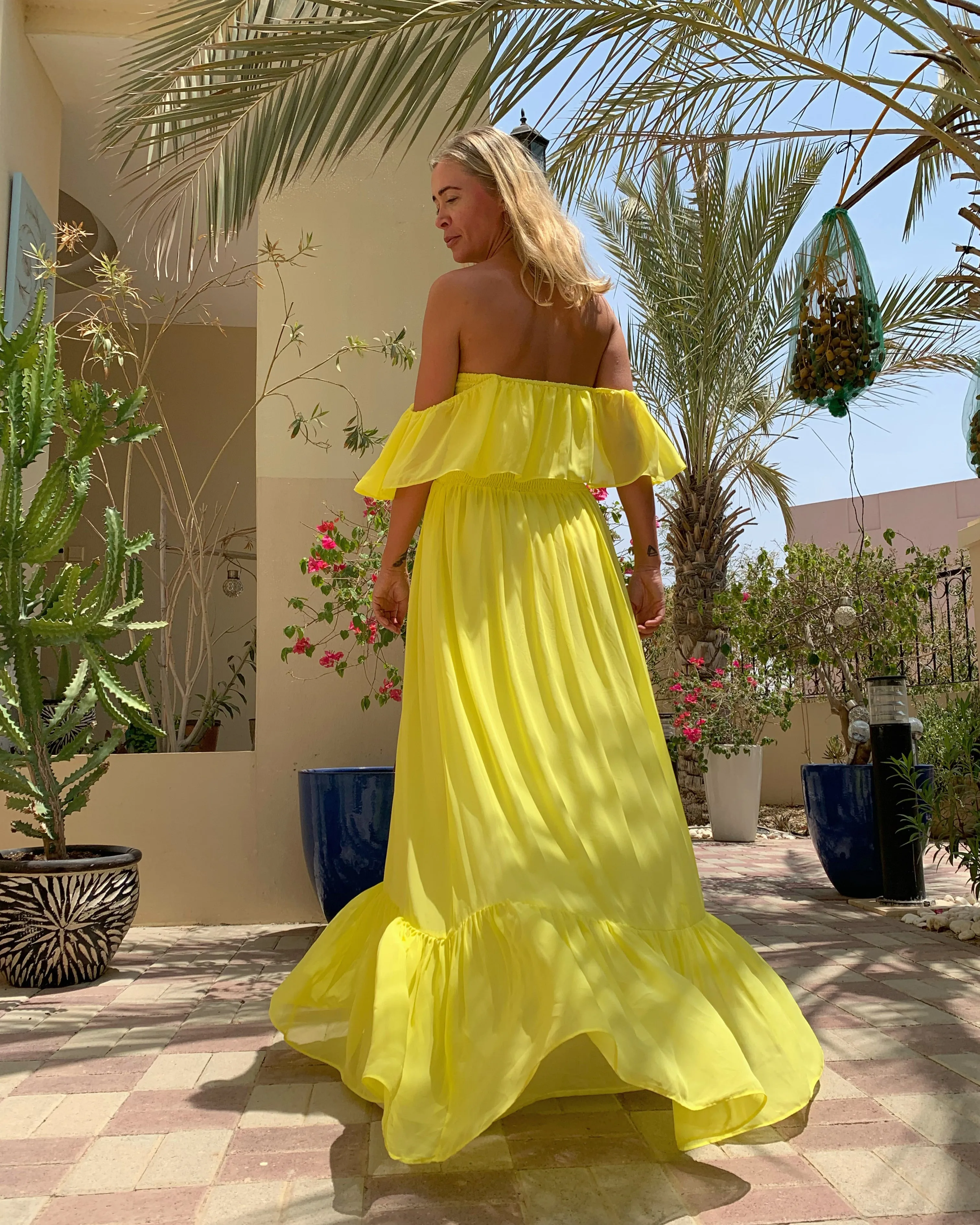 Off the shoulder Abi dress in Sunshine
