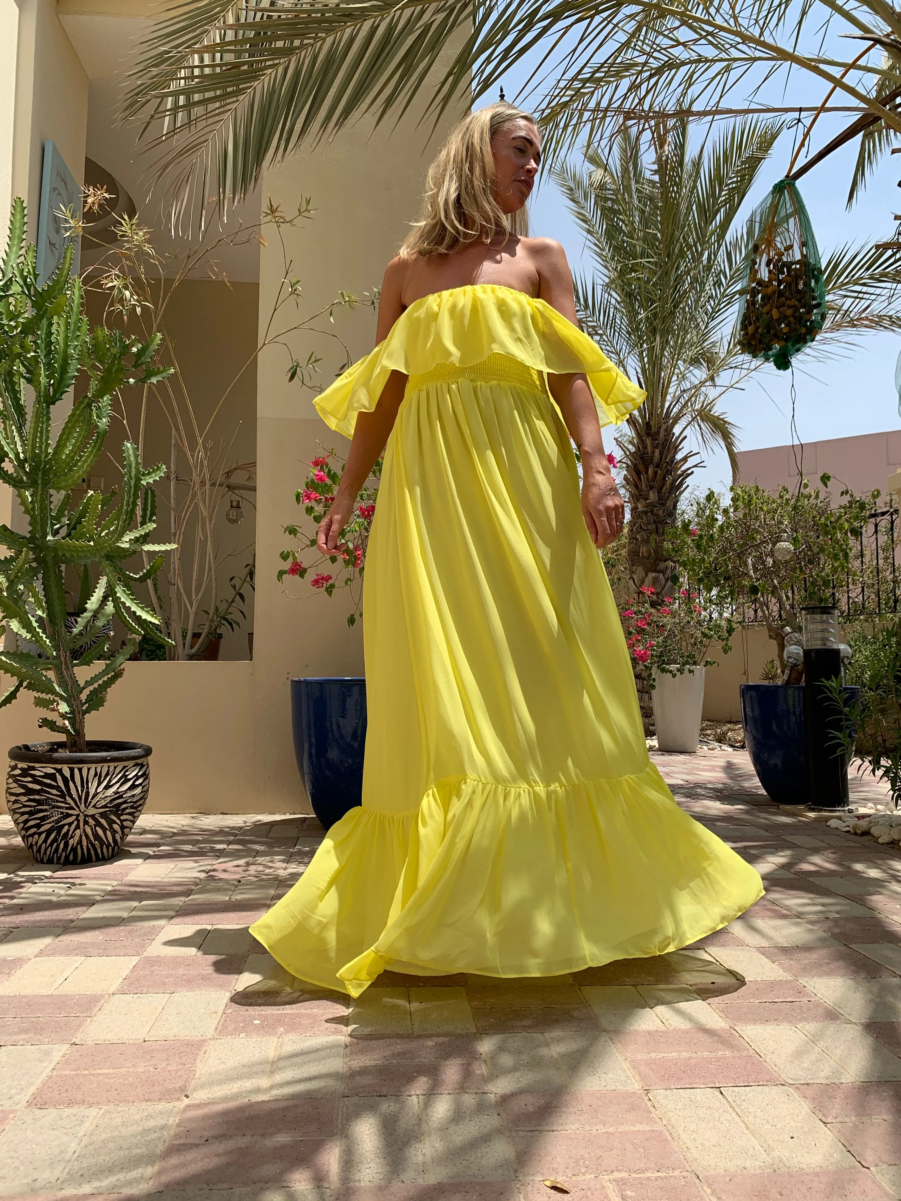 Off the shoulder Abi dress in Sunshine