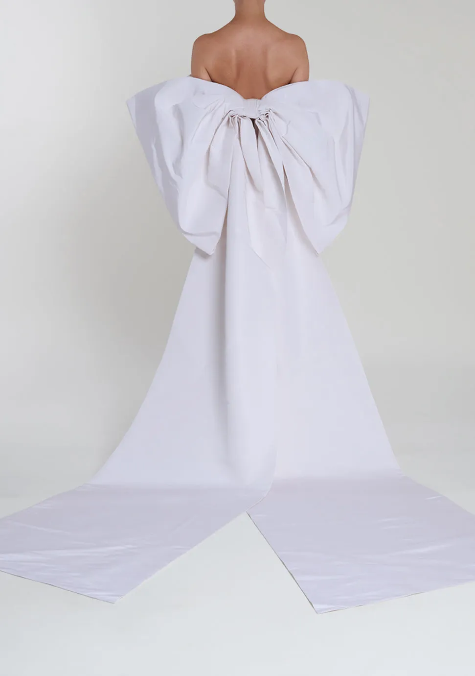 Off-The-Shoulder Bow Silk Faille Mini Dress with Floor Length Sashes