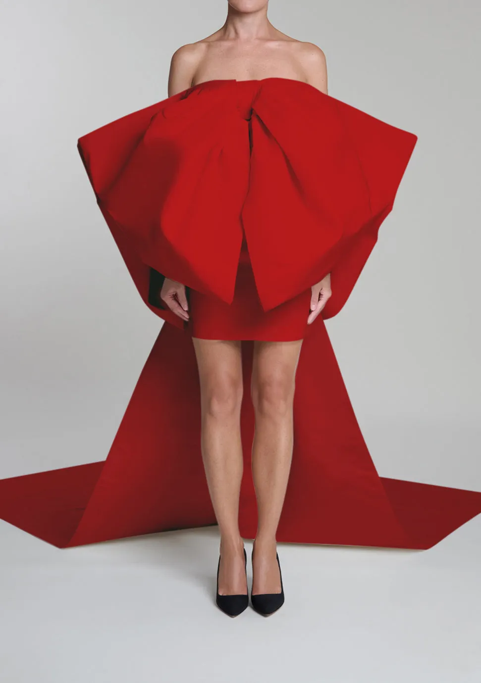 Off-The-Shoulder Bow Silk Faille Mini Dress with Floor Length Sashes