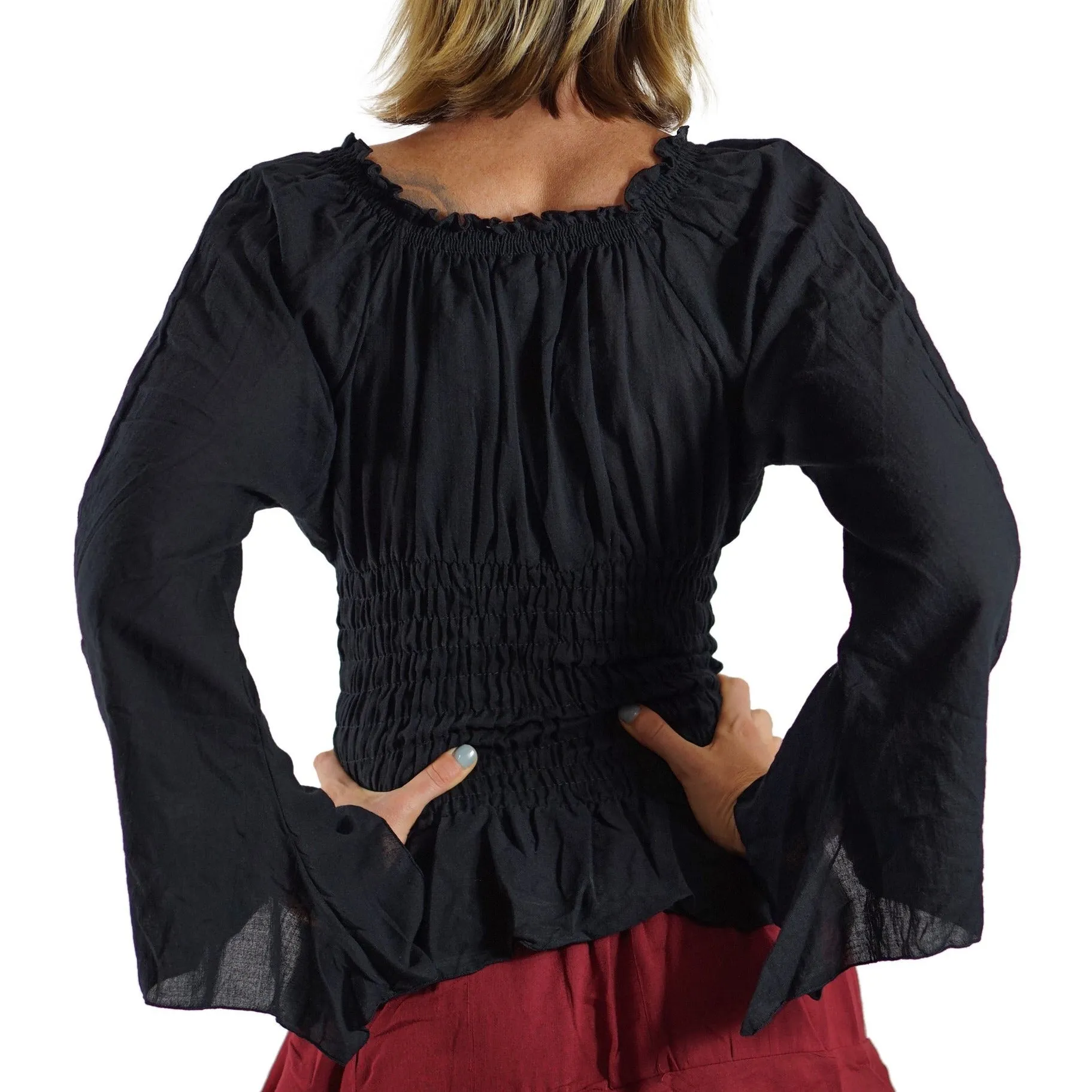 'Peasant Blouse Long Sleeves' - Black