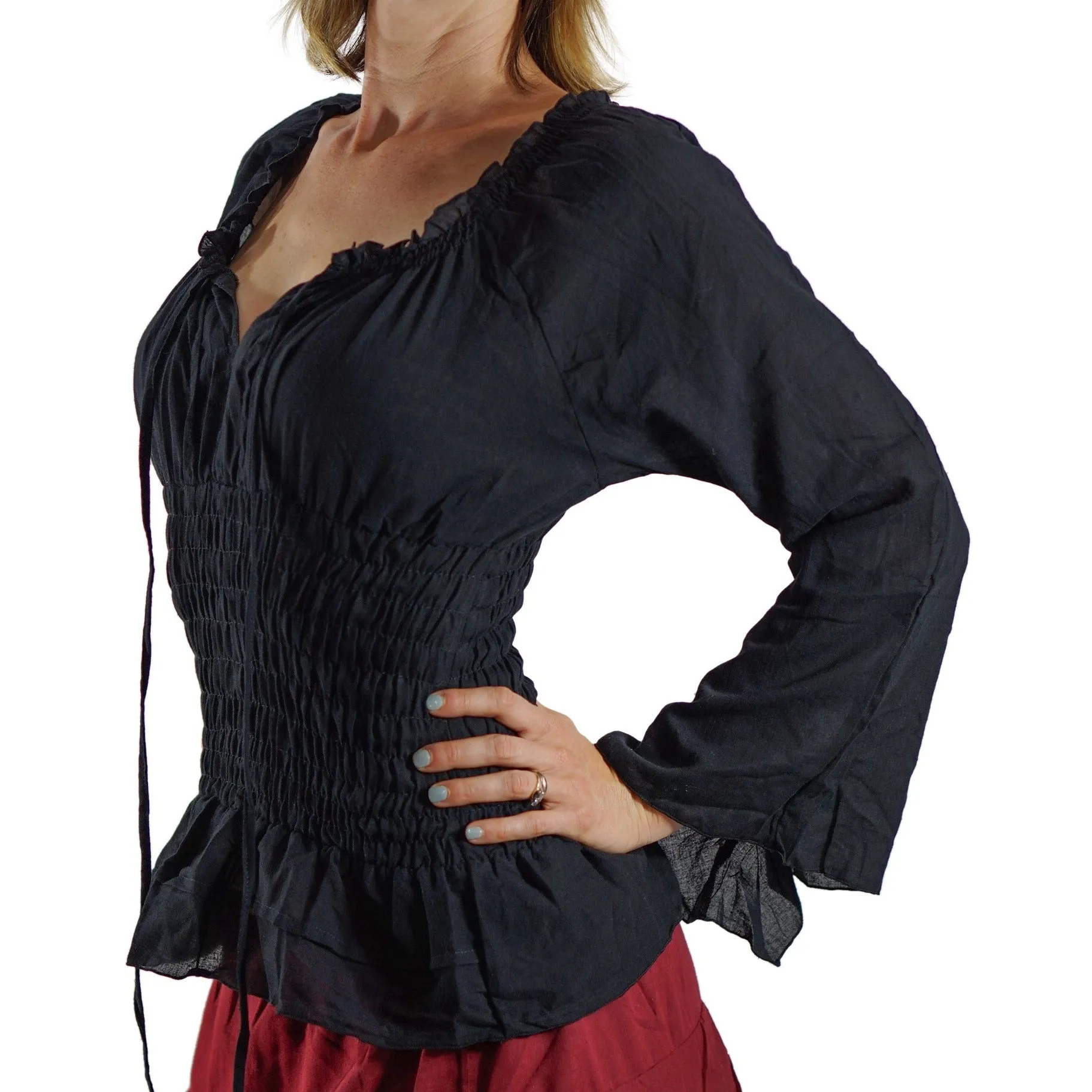'Peasant Blouse Long Sleeves' - Black