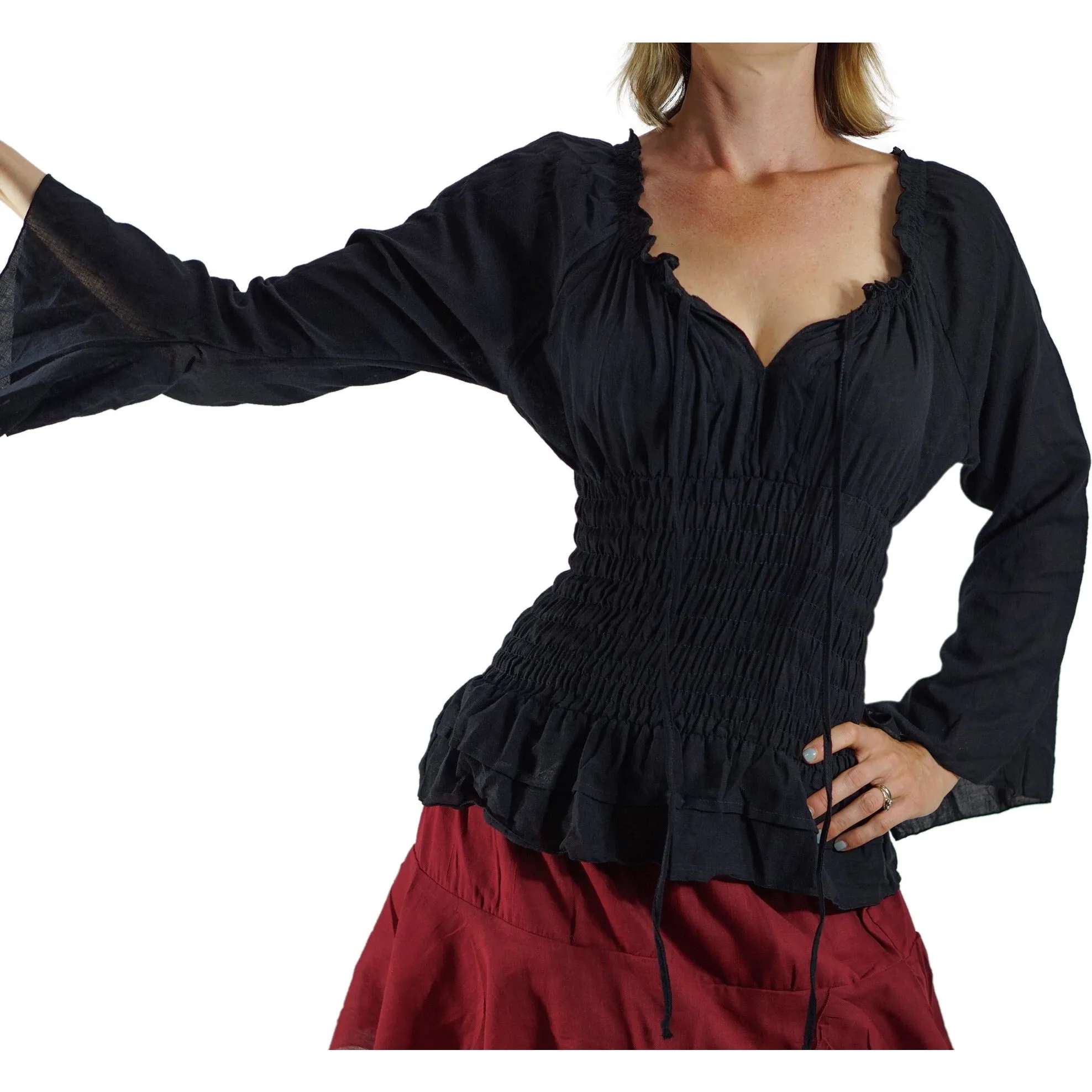 'Peasant Blouse Long Sleeves' - Black