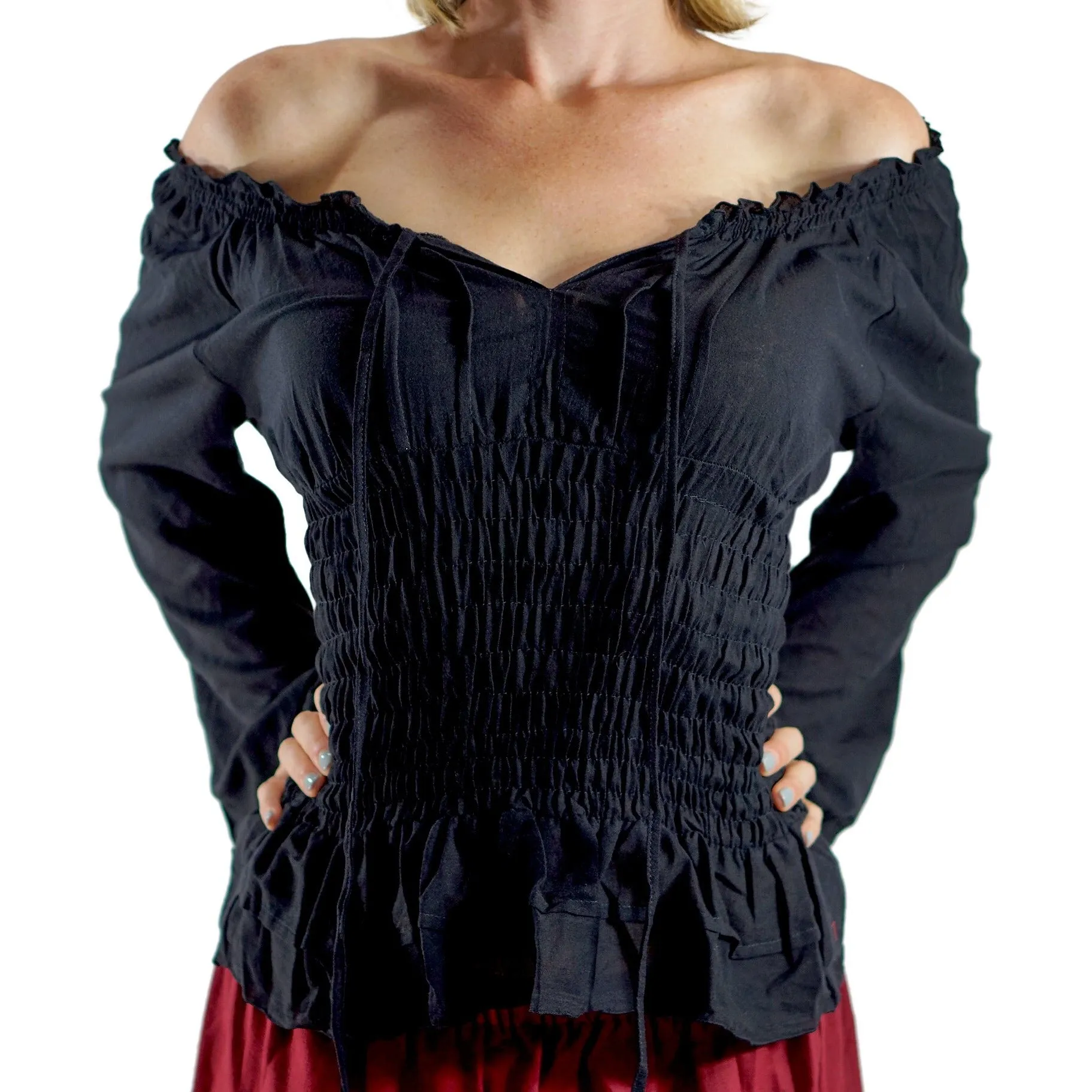 'Peasant Blouse Long Sleeves' - Black