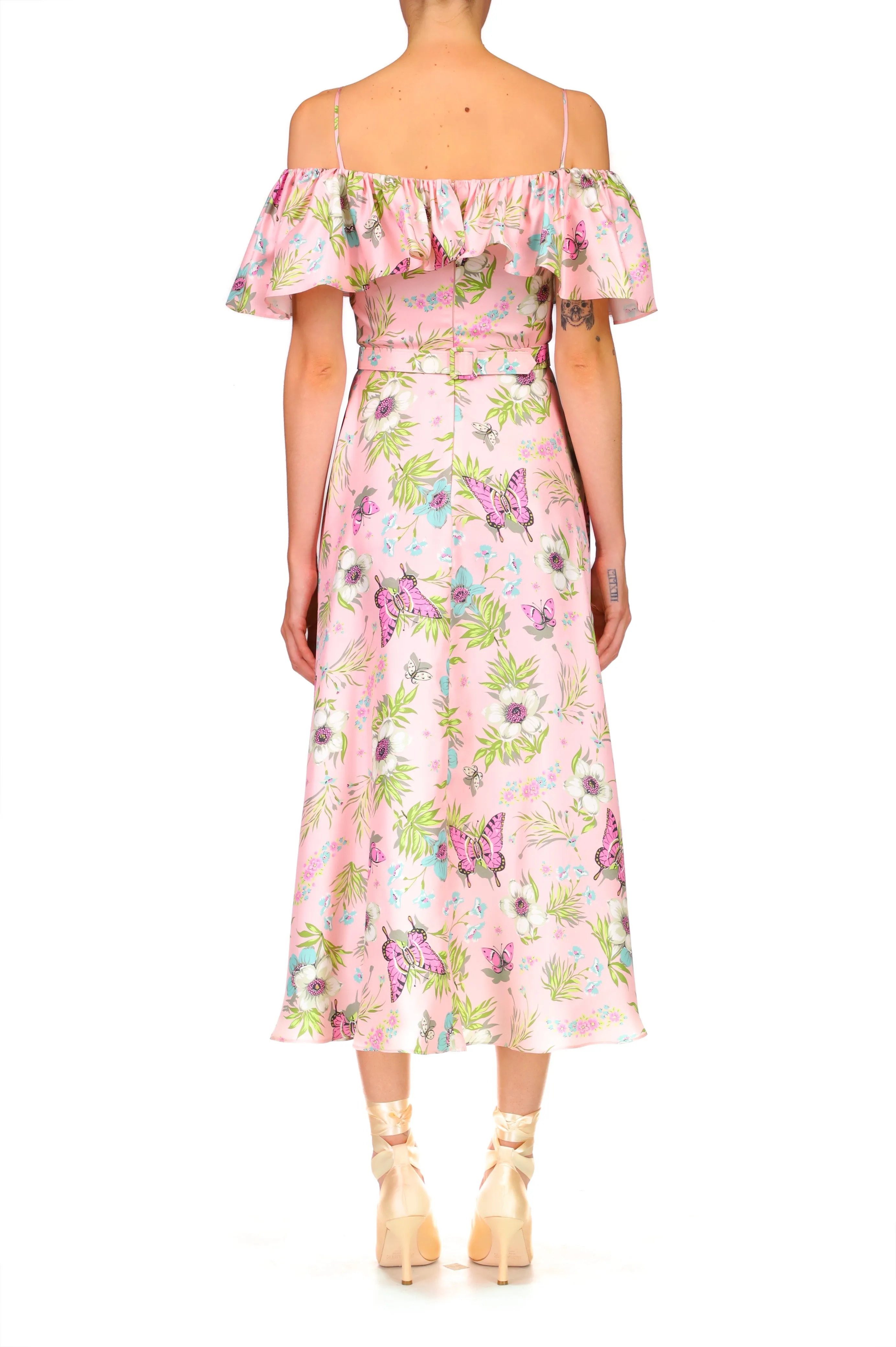 Pink Floral Silk Twill Off The Shoulder Ruffle Dress