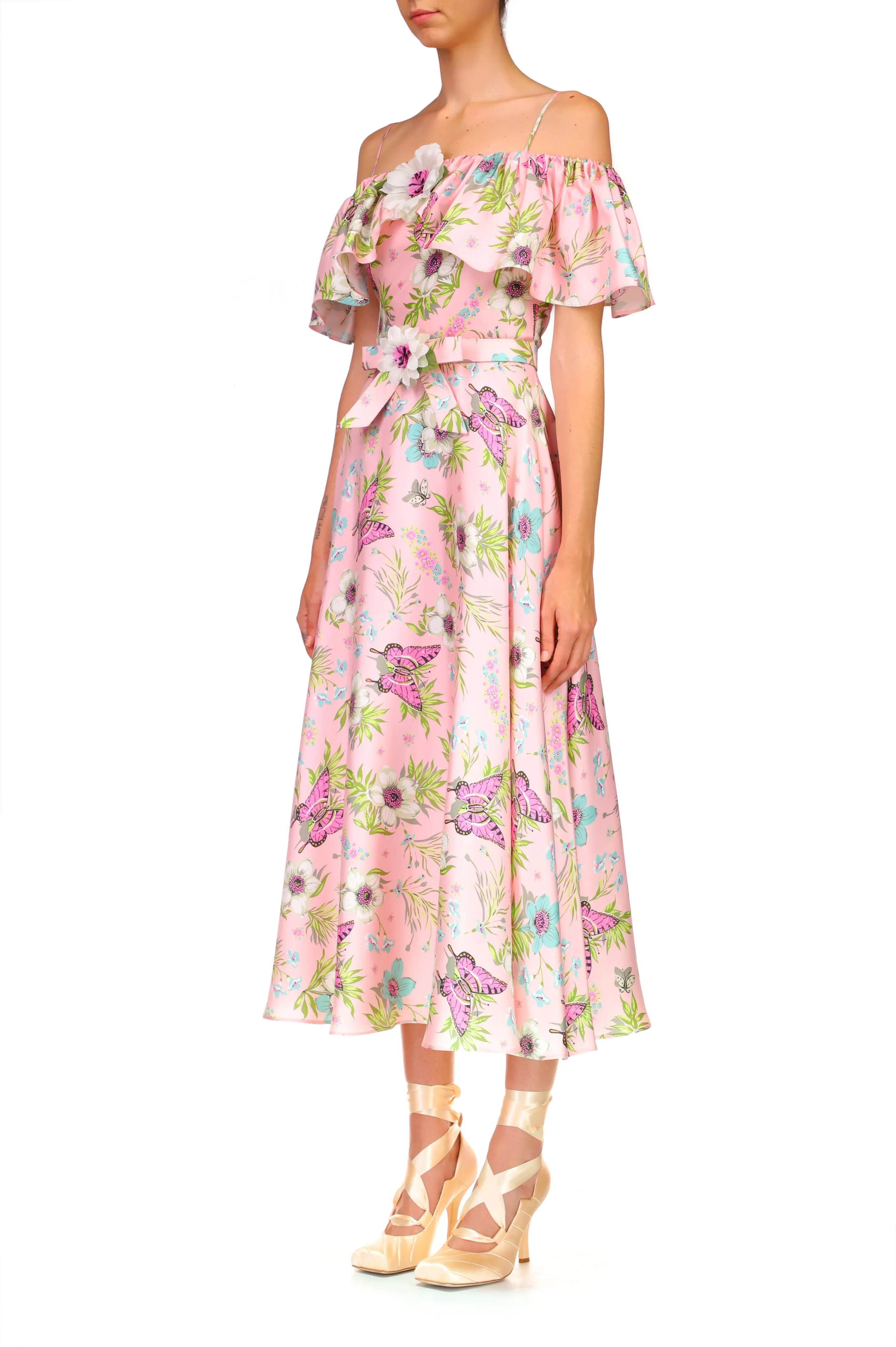 Pink Floral Silk Twill Off The Shoulder Ruffle Dress