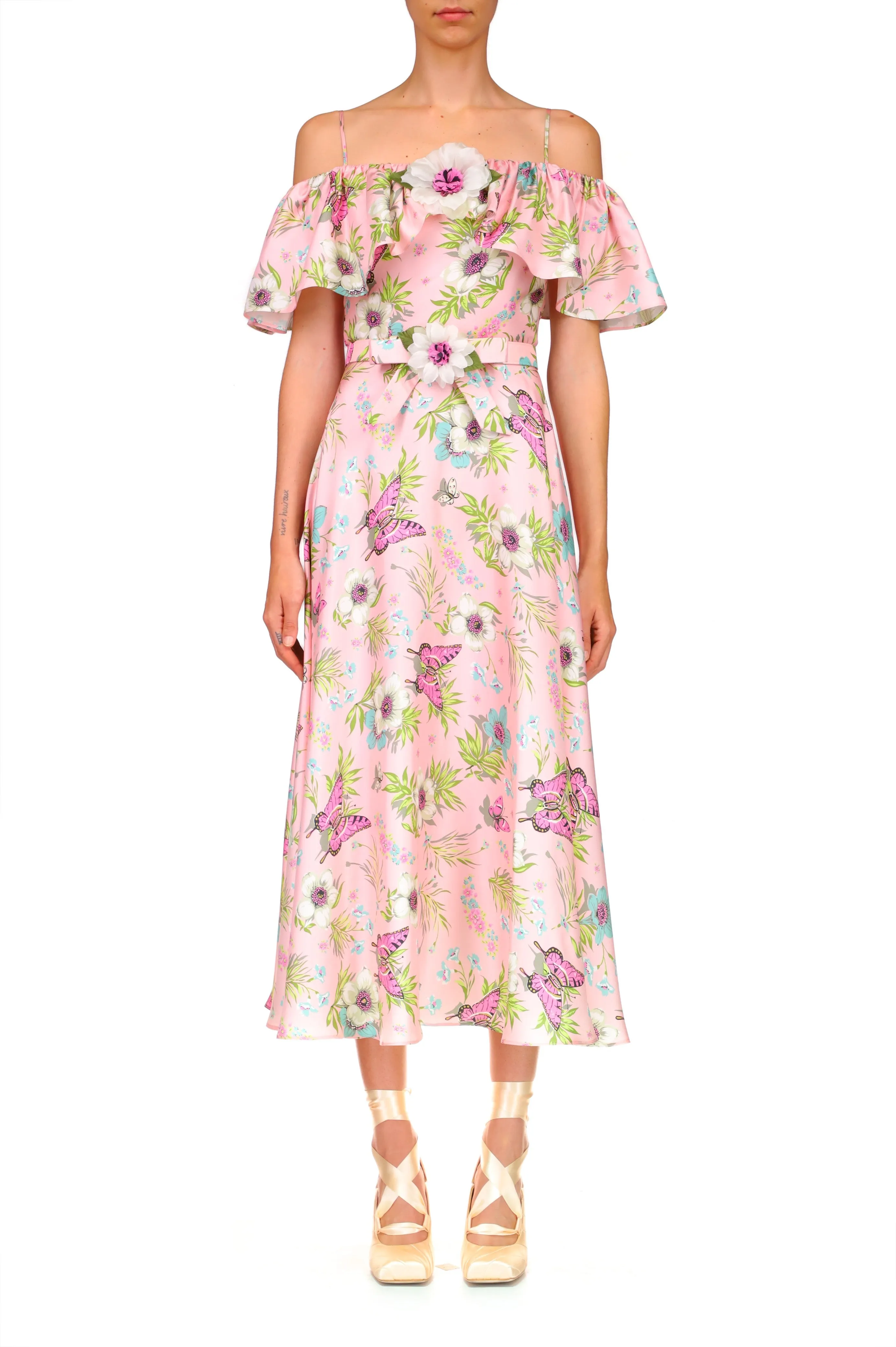 Pink Floral Silk Twill Off The Shoulder Ruffle Dress