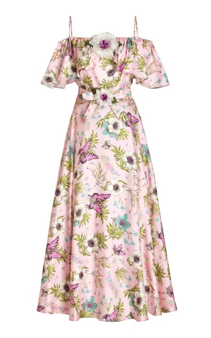 Pink Floral Silk Twill Off The Shoulder Ruffle Dress