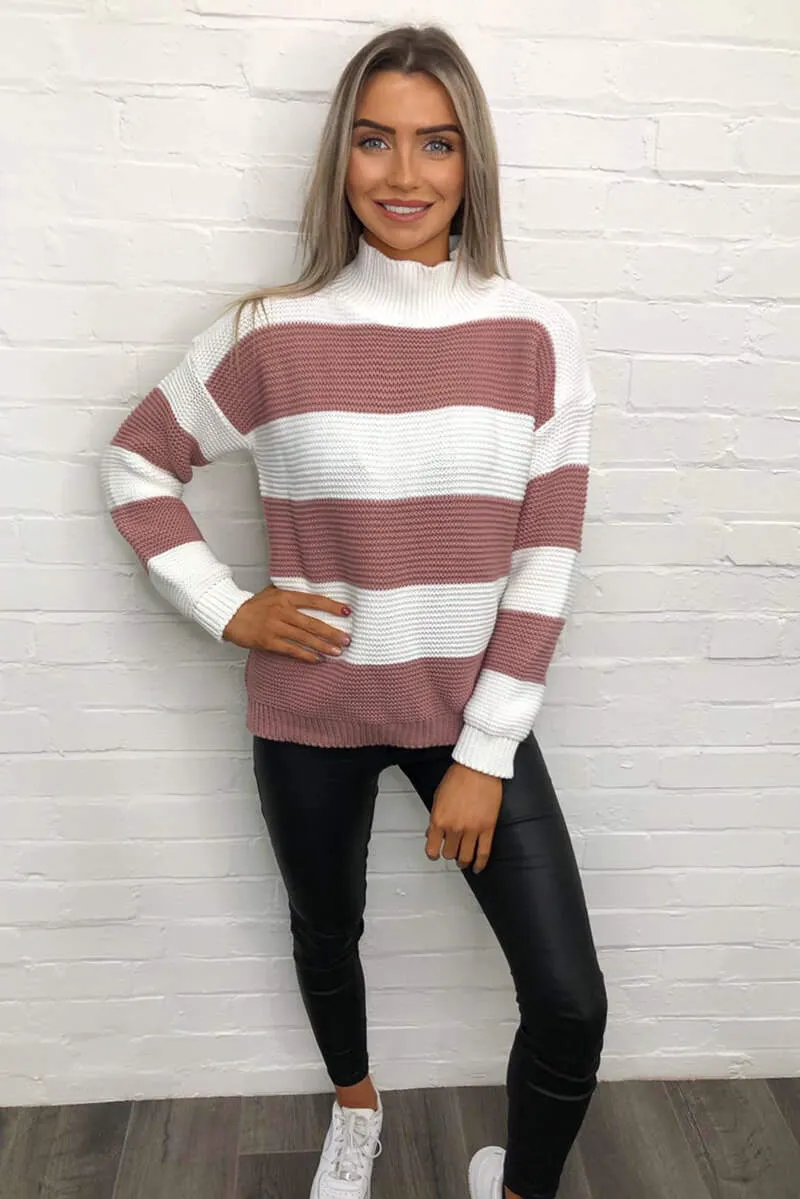 Pink Striped High Neck Knit Jumper