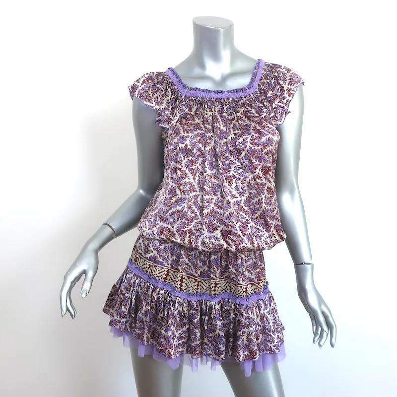 Poupette St Barth Off the Shoulder Mini Dress Purple/White Printed Satin Size 1
