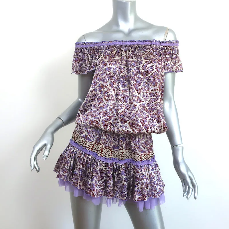 Poupette St Barth Off the Shoulder Mini Dress Purple/White Printed Satin Size 1
