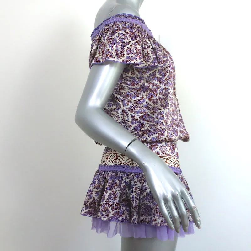 Poupette St Barth Off the Shoulder Mini Dress Purple/White Printed Satin Size 1