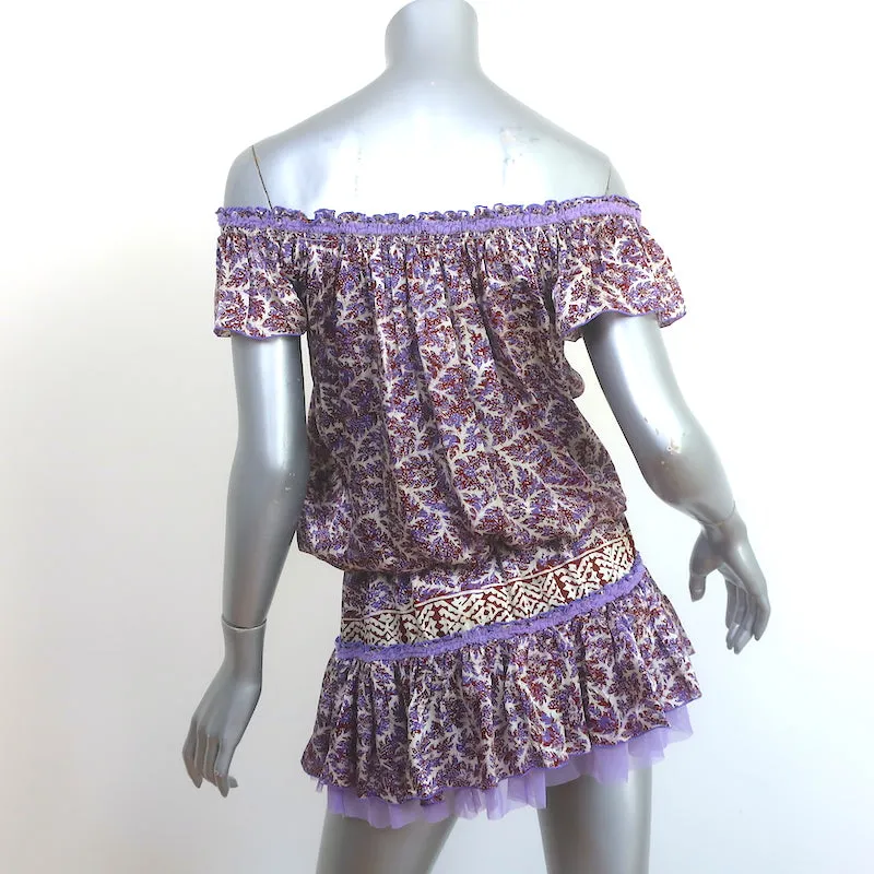 Poupette St Barth Off the Shoulder Mini Dress Purple/White Printed Satin Size 1