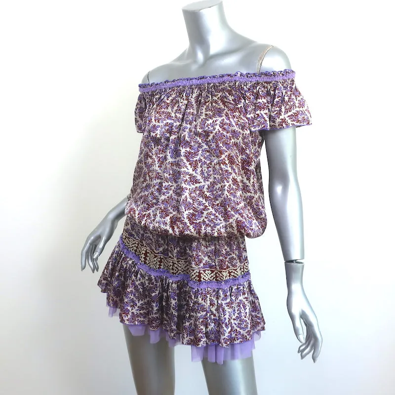 Poupette St Barth Off the Shoulder Mini Dress Purple/White Printed Satin Size 1