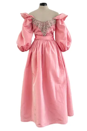 Prettiest 1970s Richiline Iridescent Pink Silk Dress w Pouf Sleeves & Rhinestone Details