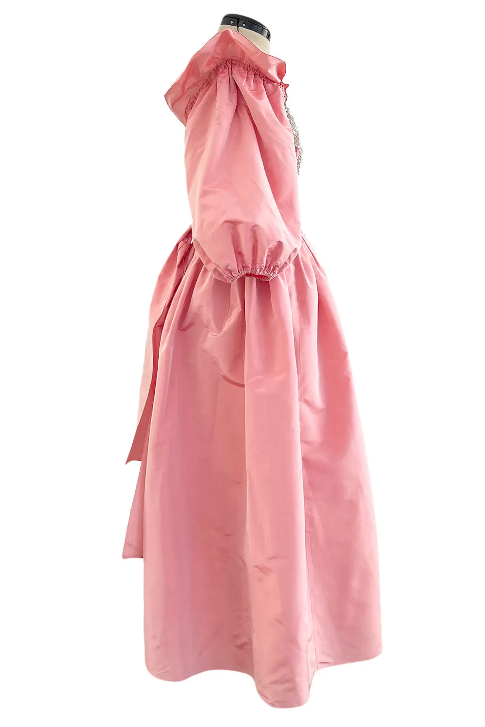 Prettiest 1970s Richiline Iridescent Pink Silk Dress w Pouf Sleeves & Rhinestone Details