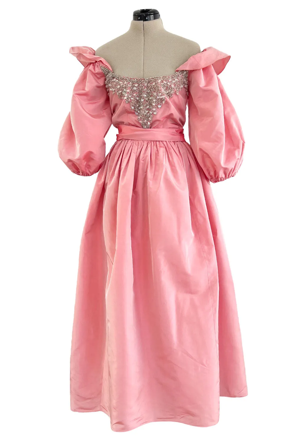 Prettiest 1970s Richiline Iridescent Pink Silk Dress w Pouf Sleeves & Rhinestone Details