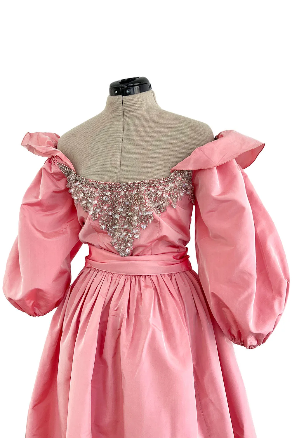 Prettiest 1970s Richiline Iridescent Pink Silk Dress w Pouf Sleeves & Rhinestone Details