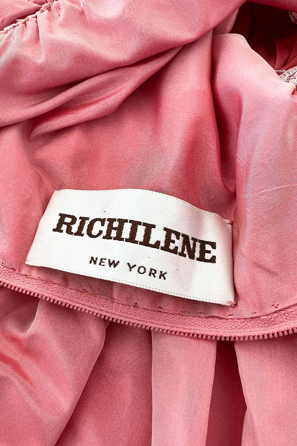 Prettiest 1970s Richiline Iridescent Pink Silk Dress w Pouf Sleeves & Rhinestone Details