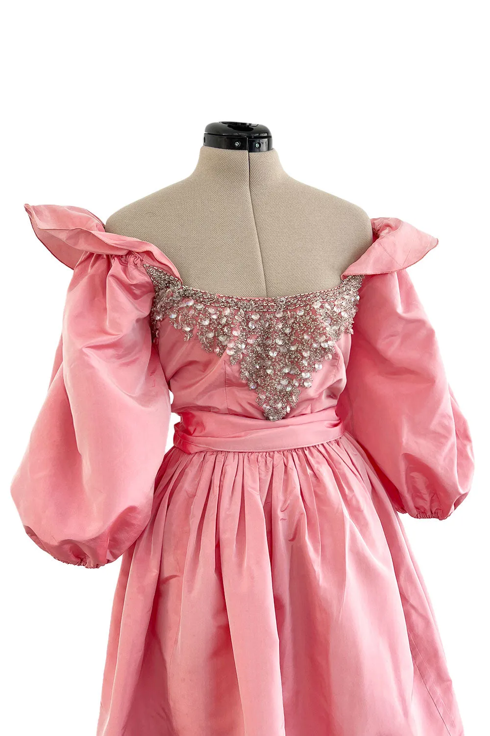 Prettiest 1970s Richiline Iridescent Pink Silk Dress w Pouf Sleeves & Rhinestone Details
