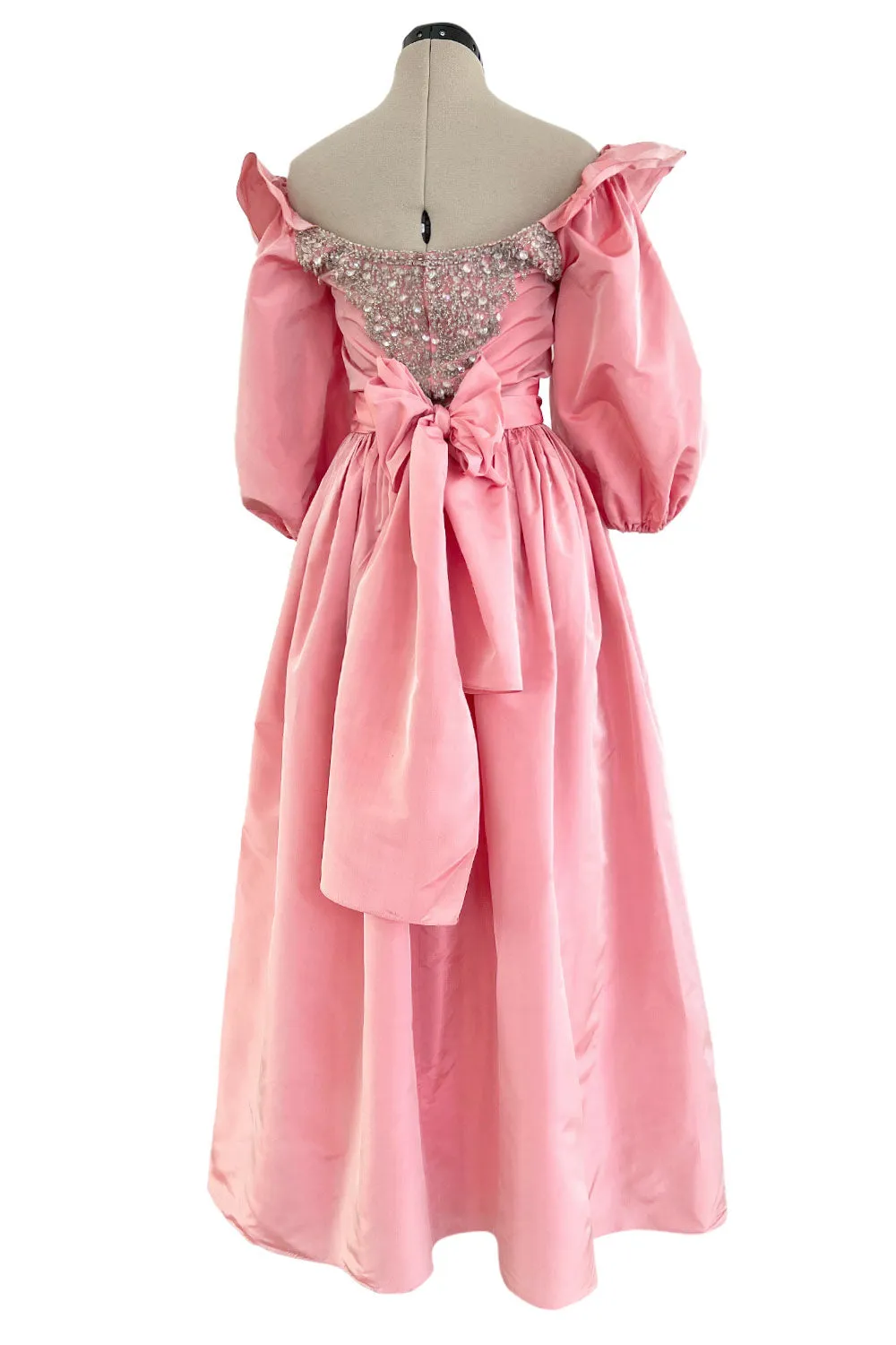 Prettiest 1970s Richiline Iridescent Pink Silk Dress w Pouf Sleeves & Rhinestone Details