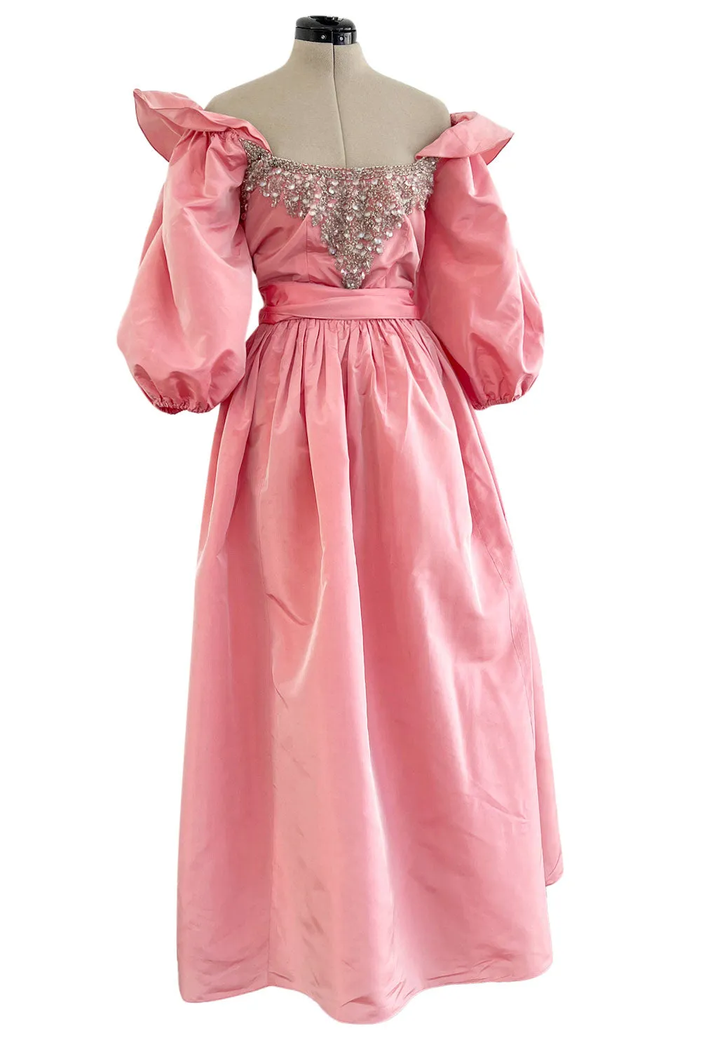 Prettiest 1970s Richiline Iridescent Pink Silk Dress w Pouf Sleeves & Rhinestone Details