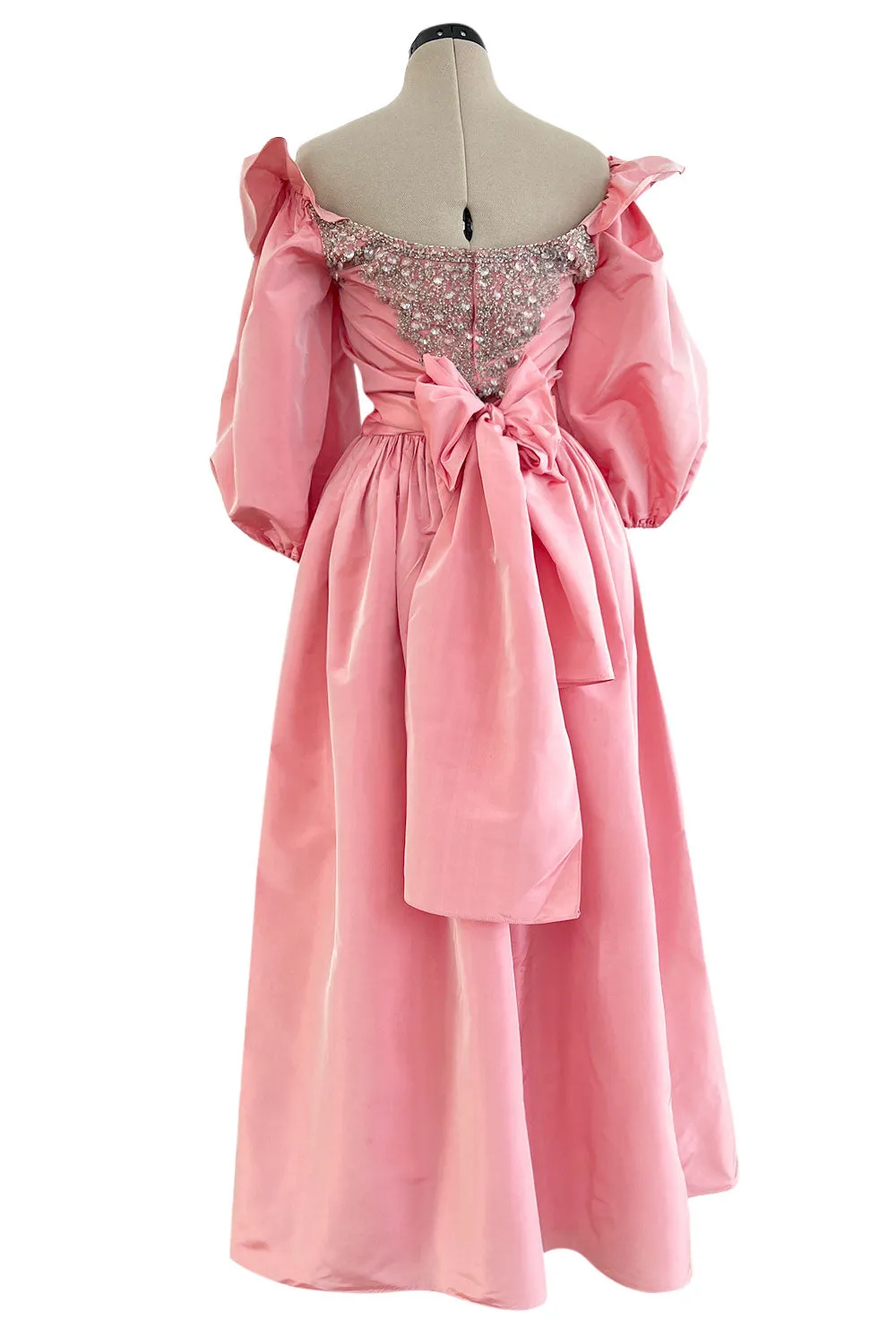 Prettiest 1970s Richiline Iridescent Pink Silk Dress w Pouf Sleeves & Rhinestone Details