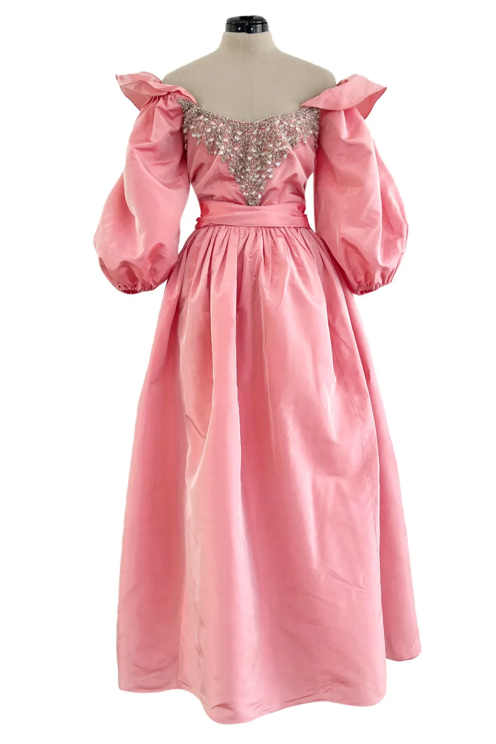 Prettiest 1970s Richiline Iridescent Pink Silk Dress w Pouf Sleeves & Rhinestone Details