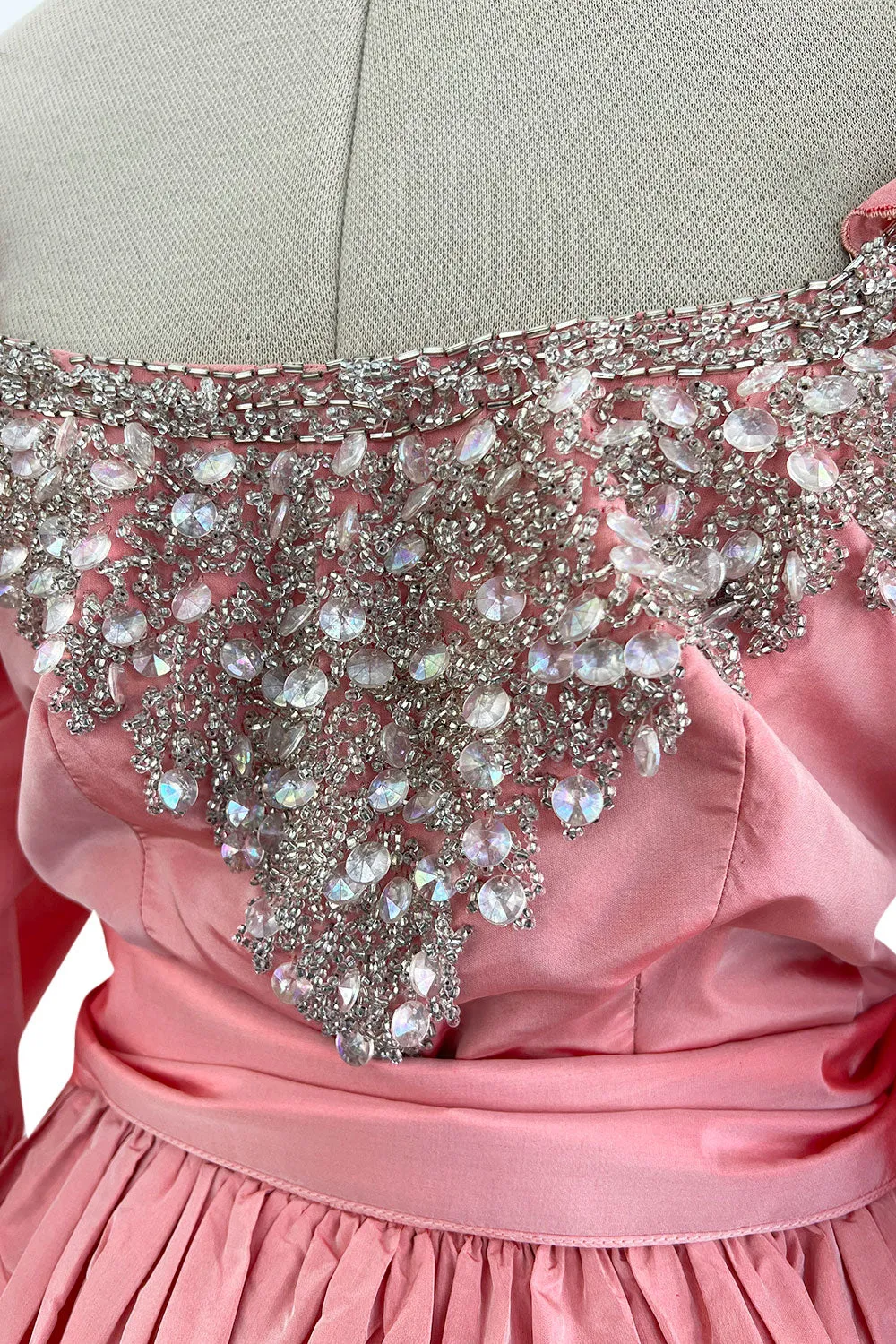 Prettiest 1970s Richiline Iridescent Pink Silk Dress w Pouf Sleeves & Rhinestone Details