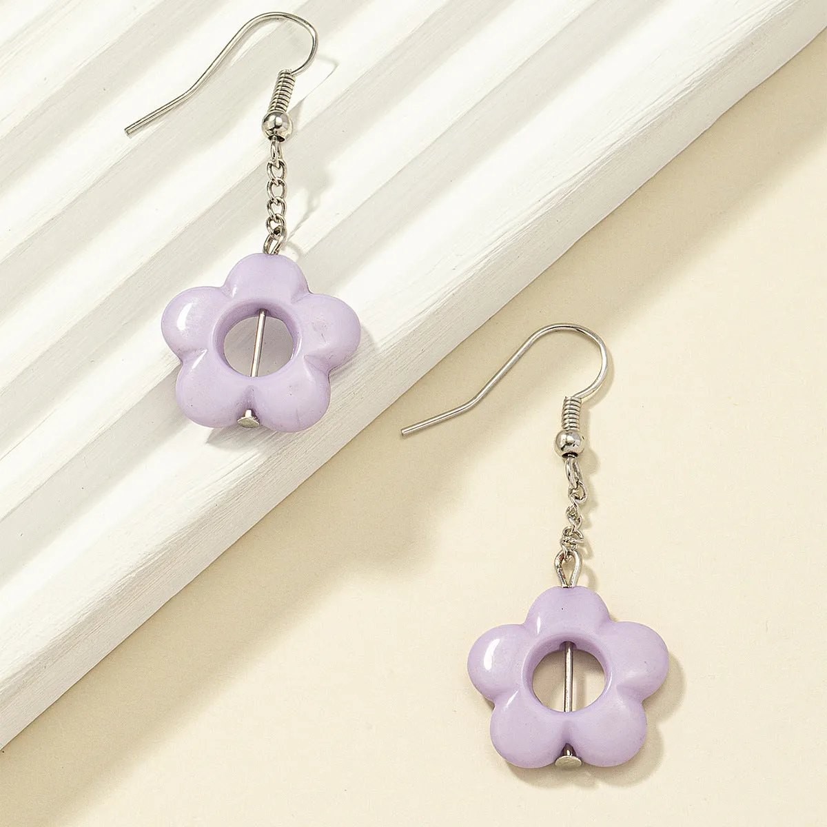 Purple Acrylic & Silver-Plated Floral Drop Earrings