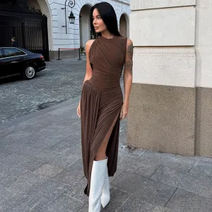 REALAIOT  Sanhu Lianjiang F24DS340 2025 women's clothing solid color round neck sleeveless waist pleated backless elegant long dress wholesale