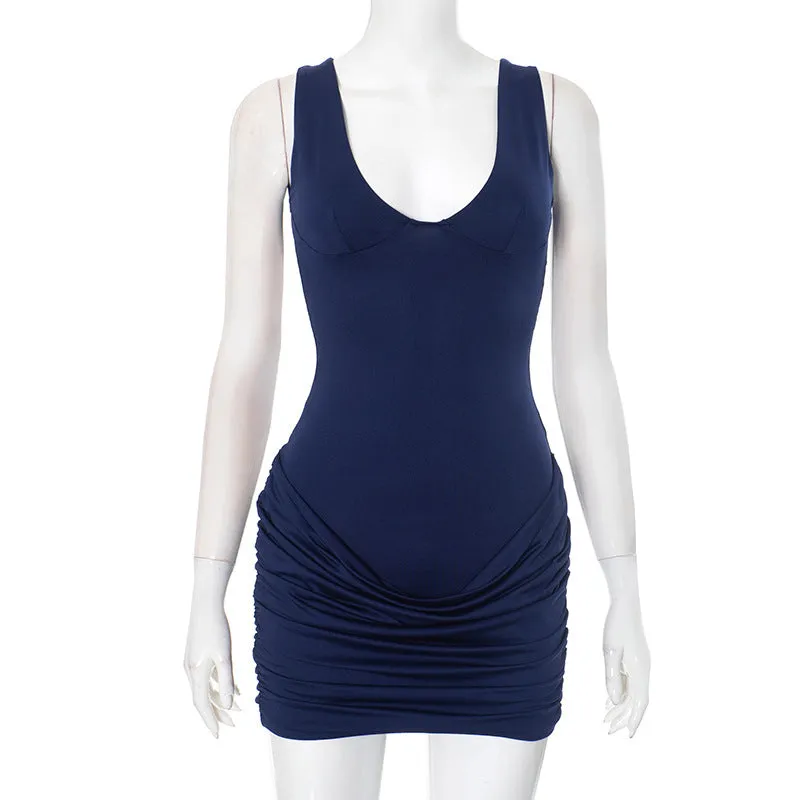 REALAIOT  Sanhu Lianjiang G24DS322 2025 women's clothing low-necked sleeveless slim-fitting shrink-pleated hip-wrapped casual short skirt cross-border wholesale