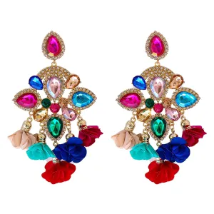 Red & Blue Crystal Flower Tassel Drop Earrings