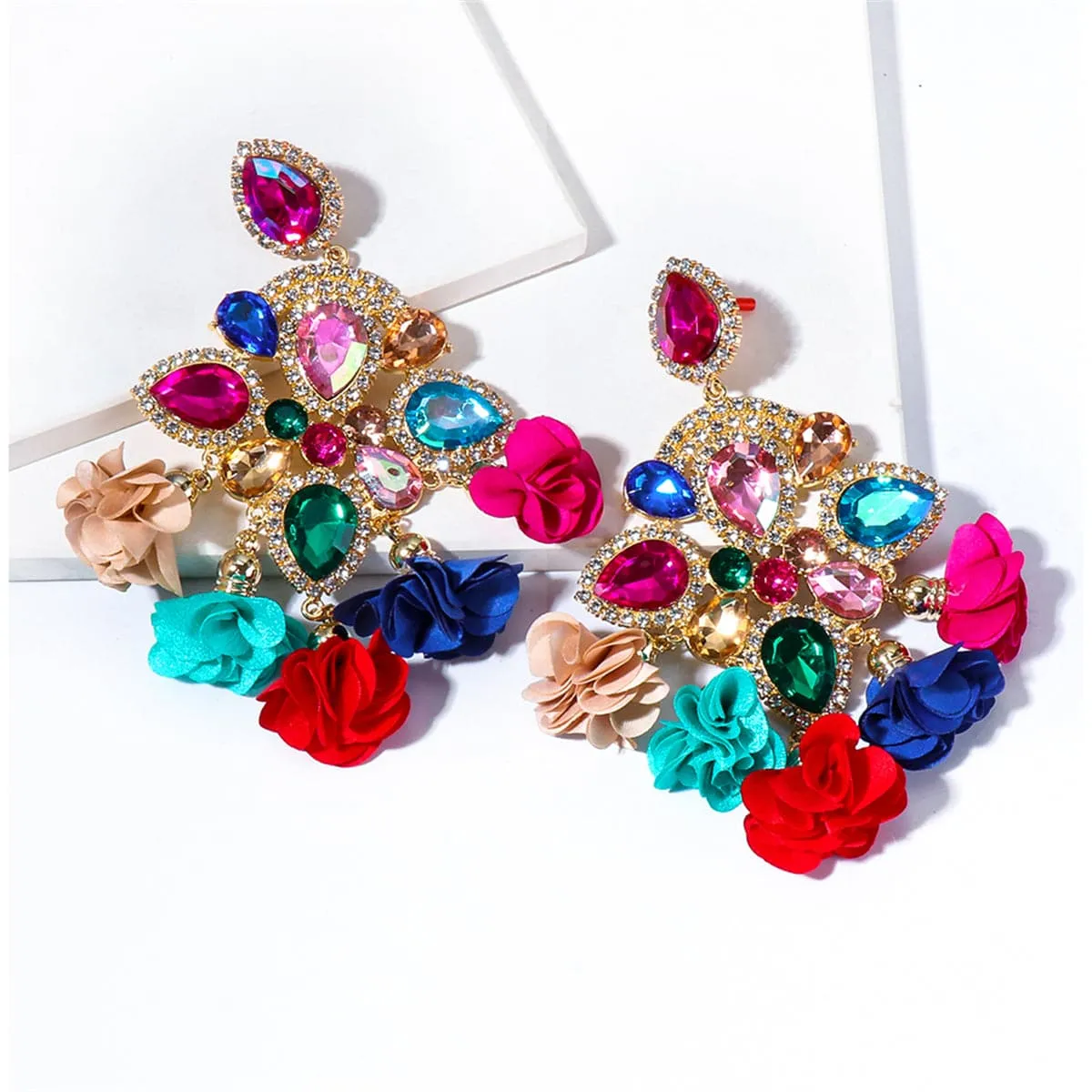 Red & Blue Crystal Flower Tassel Drop Earrings