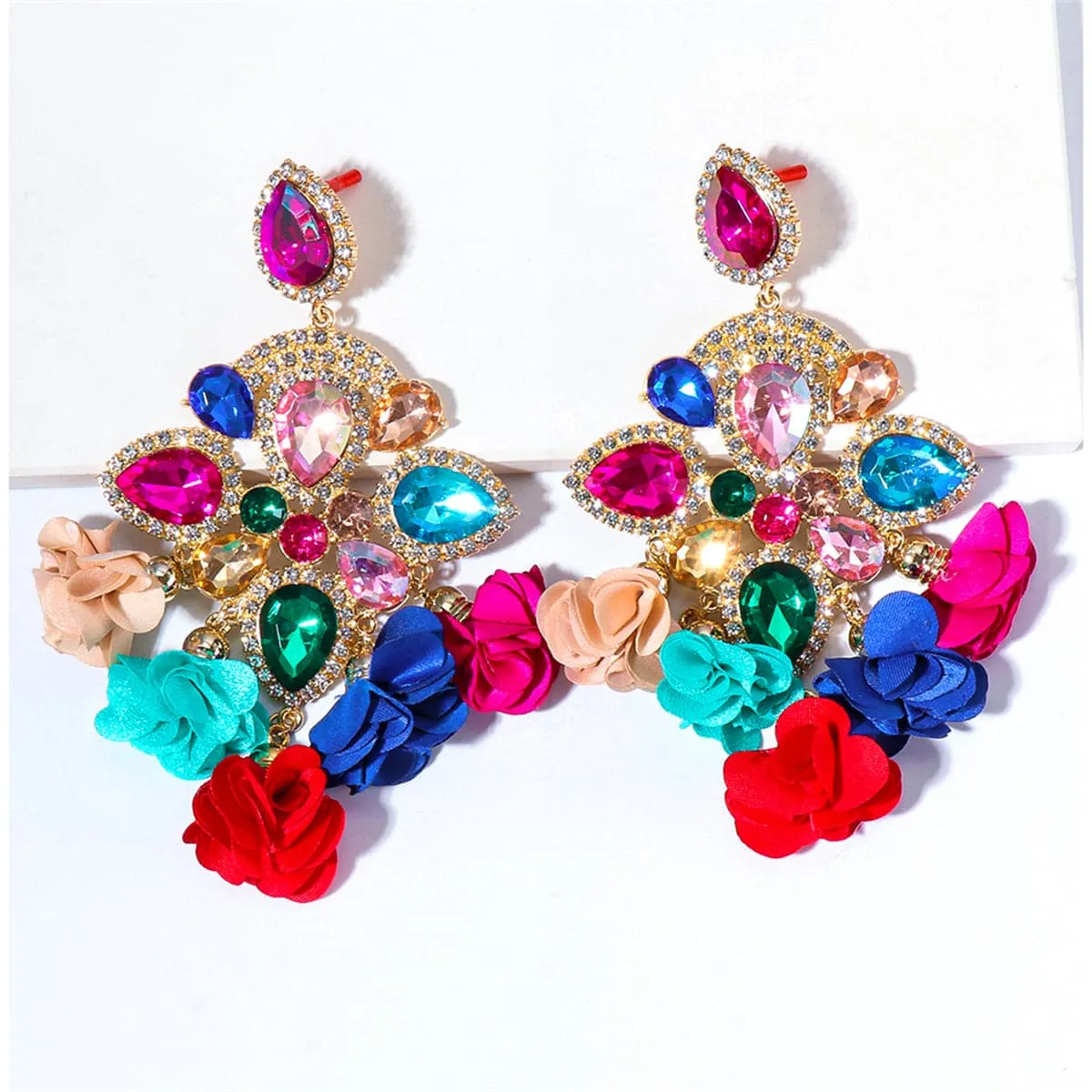 Red & Blue Crystal Flower Tassel Drop Earrings
