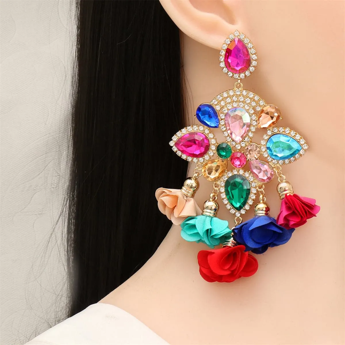 Red & Blue Crystal Flower Tassel Drop Earrings