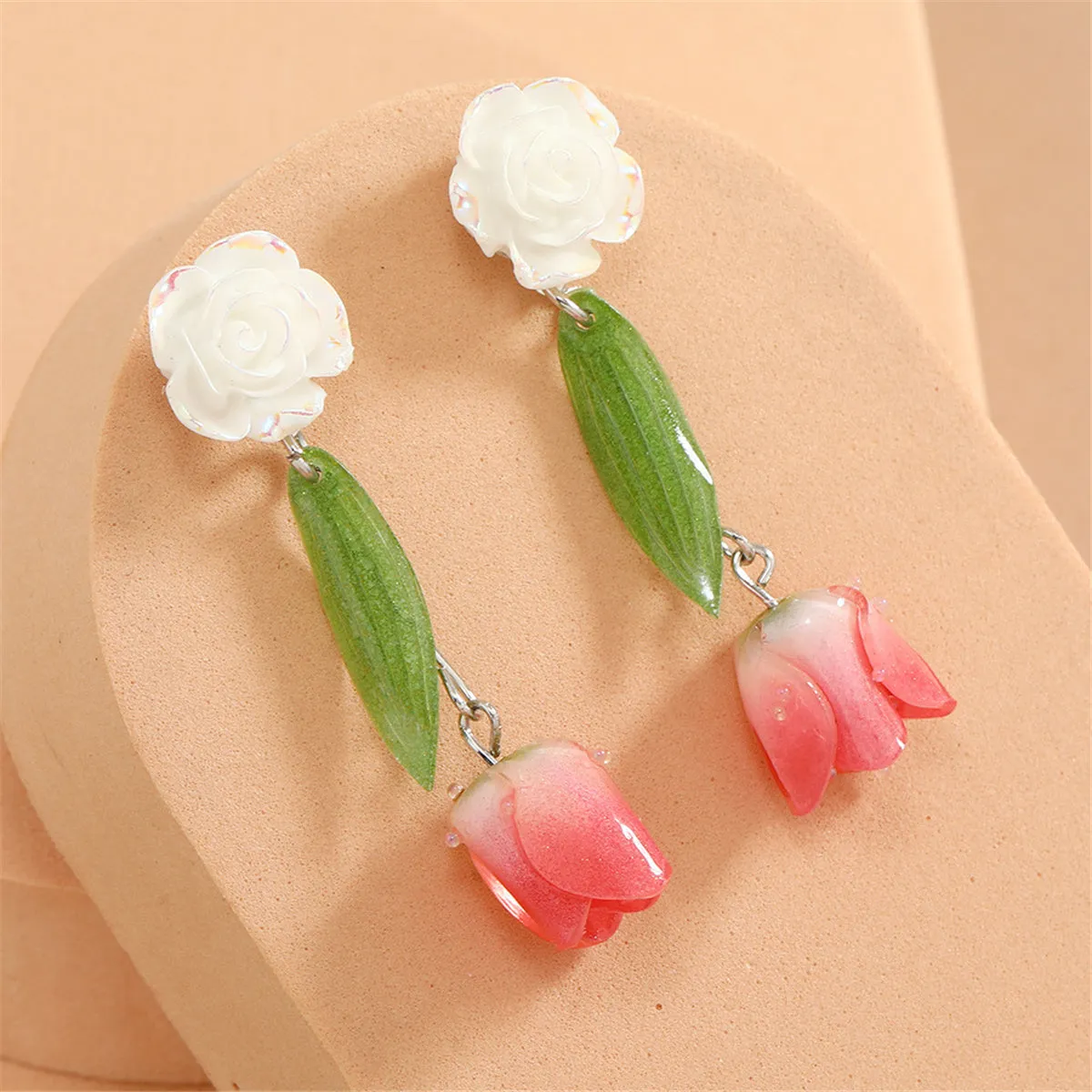 Red & White Acrylic Flower Drop Earrings
