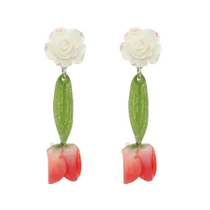 Red & White Acrylic Flower Drop Earrings