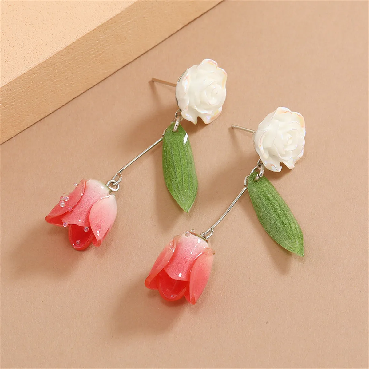 Red & White Acrylic Flower Drop Earrings