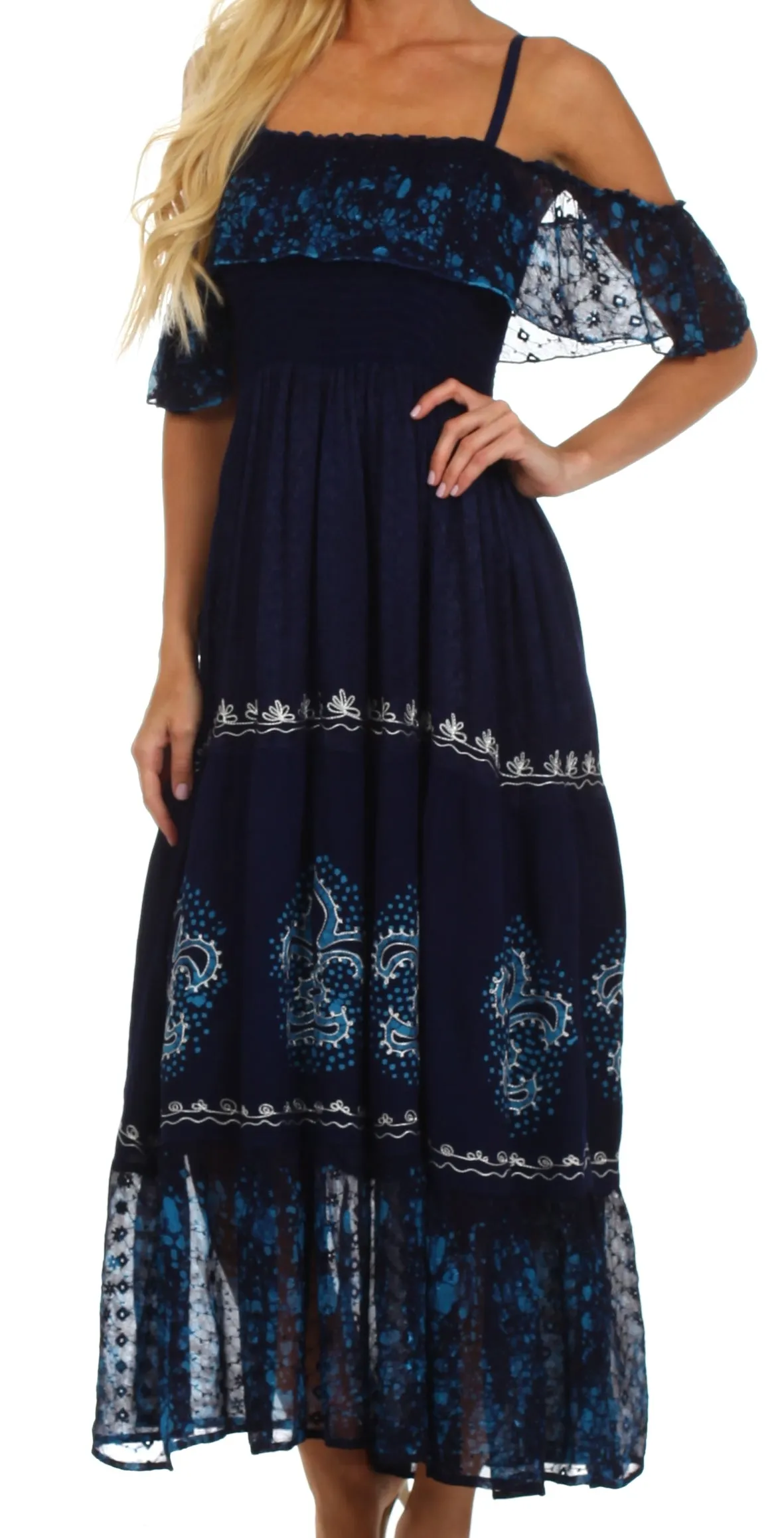 Sakkas Fleur De Lis Batik Jacquard Off Shoulder Crepe Hem Dress - FINAL SALE