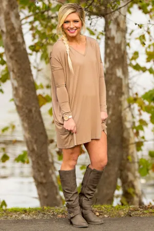 SALE-Long Sleeve V-Neck Piko Tunic - Mocha