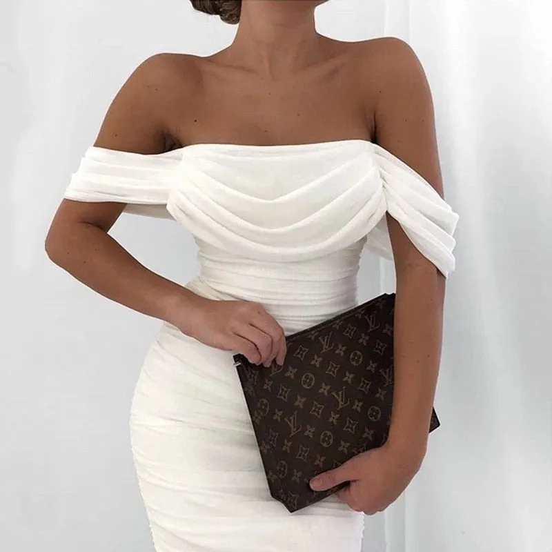 Sexy Pleated Mesh Off The Shoulder Clubwear Party Bodycon Tube Dress