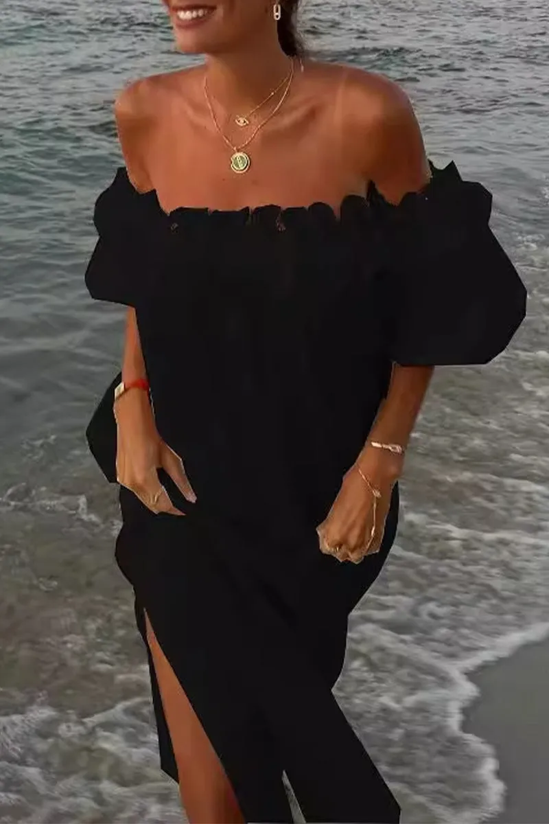 Sexy Solid Slit Fold Off the Shoulder Beach Dresses