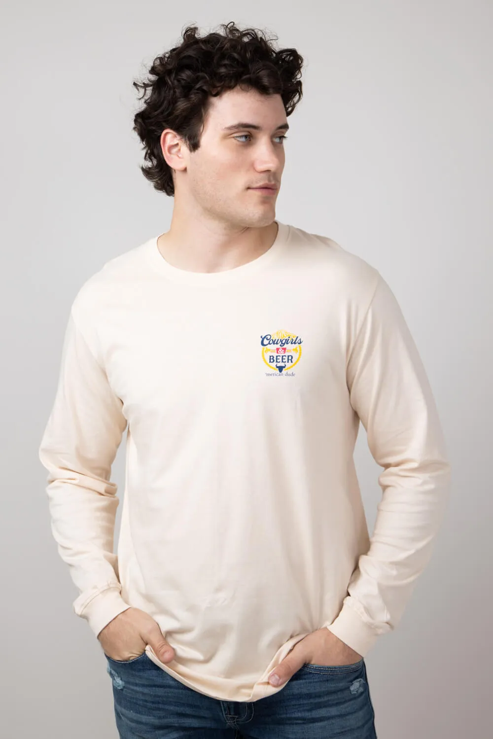 Simply Southern Long Sleeve Cowgirls & Beer T-Shirt for Men in Beige | MN-LS-COWGIRLS-WHISPER