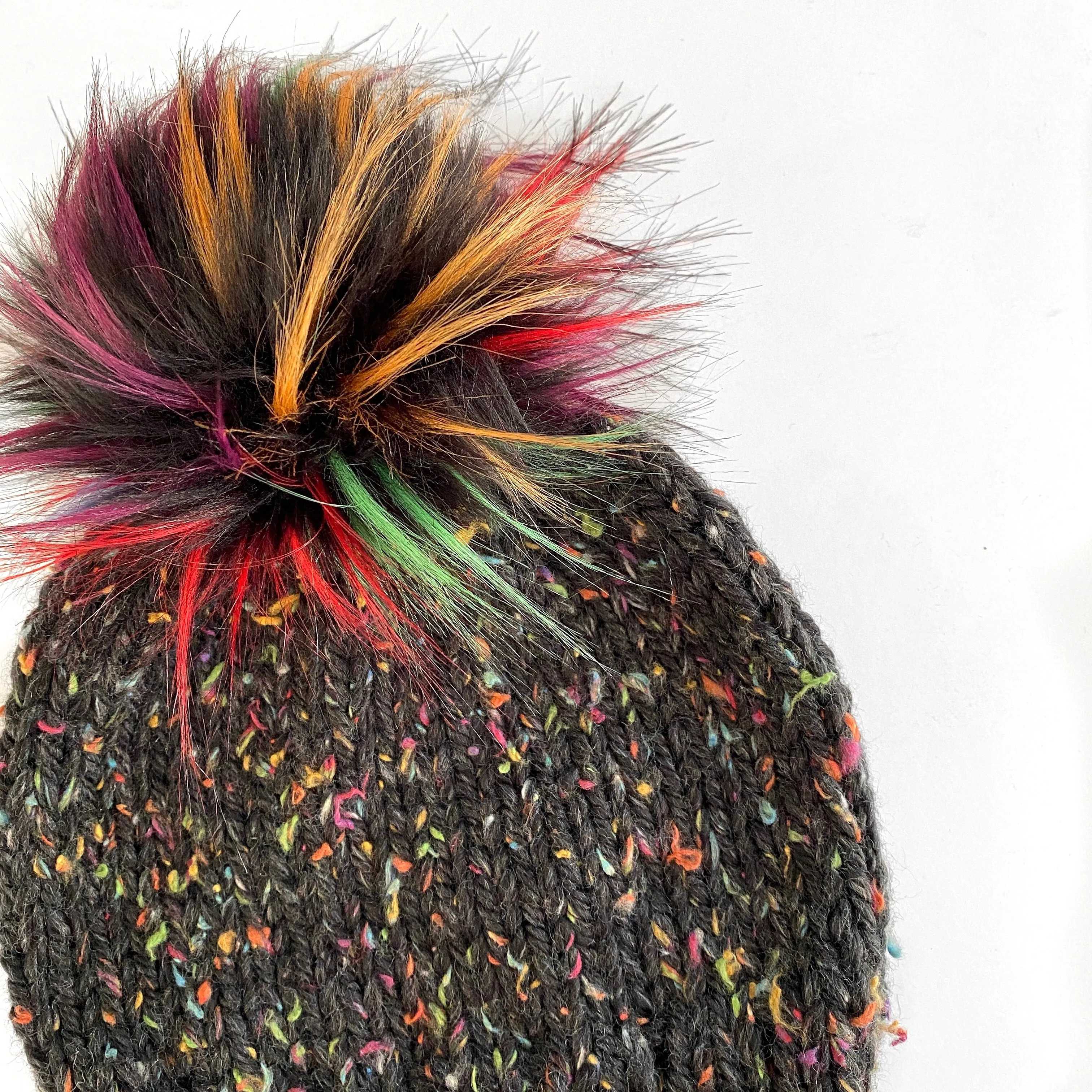 Solid Tweed Faux Fur Pom-Pom Beanie in Dark Rainbow(wool free)