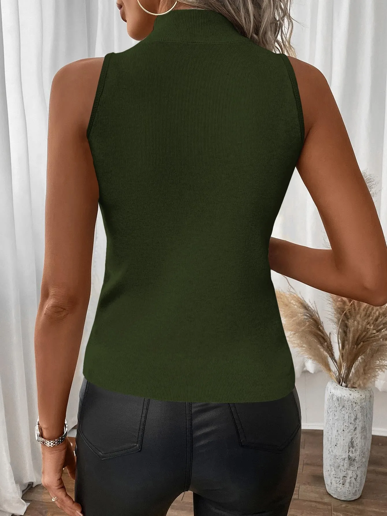 SOLY HUX Women's Mock Turtle Neck Tops Sexy Ribbed Knit Sleeveless Tank Tops Basic Slim Fitted Shirts Olive Green