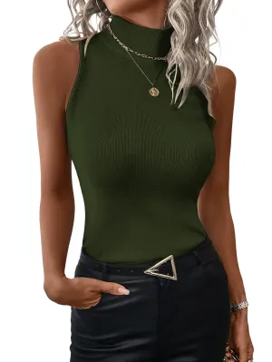 SOLY HUX Women's Mock Turtle Neck Tops Sexy Ribbed Knit Sleeveless Tank Tops Basic Slim Fitted Shirts Olive Green